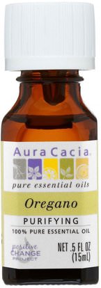 Aura Cacia, 100% Pure Essential Oil, Oregano, Purifying.5 fl oz (15 ml) ,المكملات الغذائية، زيت الزعتر، سائل زيت الزعتر، حمام، الجمال، الزيوت العطرية