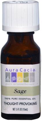 Aura Cacia, 100% Pure Essential Oil, Sage, 0.5 fl oz (15 ml) ,حمام، الجمال، الزيوت العطرية الزيوت، زيت حكيم