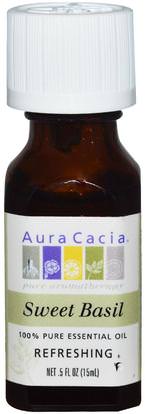 Aura Cacia, 100% Pure Essential Oil, Sweet Basil, Refreshing.5 fl oz (15 ml) ,حمام، الجمال، الزيوت العطرية الزيوت، زيت الريحان