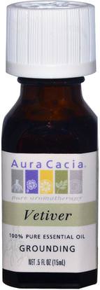 Aura Cacia, 100% Pure Essential Oil, Vetiver.5 fl oz (15 ml) ,حمام، الجمال، الزيوت العطرية الزيوت، زيت نجيل الهند