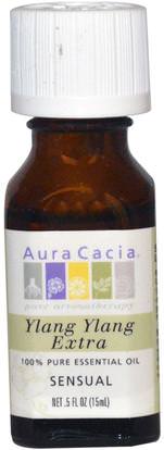 Aura Cacia, 100% Pure Essential Oil, Ylang Ylang Extra.5 fl oz (15 ml) ,حمام، الجمال، الزيوت العطرية الزيوت، الإيلنغ النفط