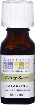 Aura Cacia, 100% Pure Essential Oils, Clary Sage, Balancing.5 fl oz (15 ml) ,حمام، الجمال، الزيوت العطرية الزيوت، كلاري زيت حكيم