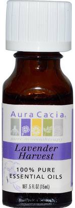 Aura Cacia, 100% Pure Essential Oils, Lavender Harvest, 0.5 fl oz (15 ml) ,حمام، الجمال، الزيوت العطرية الزيوت، زيت الخزامى