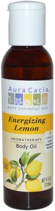 Aura Cacia, Aromatherapy Body Oil, Energizing Lemon, 4 fl oz (118 ml) ,الصحة، الجلد، زيت التدليك