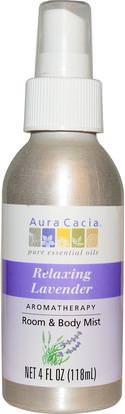 Aura Cacia, Aromatherapy Room & Body Mist, Relaxing Lavender, 4 fl oz (118 ml) ,المنزل، معطرات الهواء مزيل الروائح، حمام، بخاخ العطور