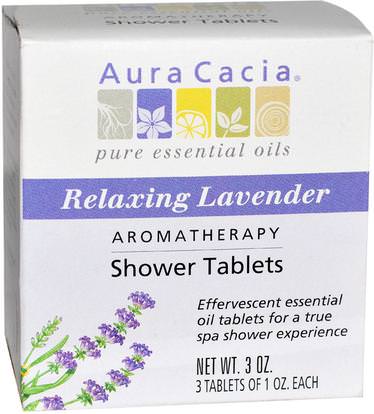 Aura Cacia, Aromatherapy Shower Tablets, Relaxing Lavender, 3 Tablets, 1 oz Each ,حمام، الجمال، أملاح الاستحمام