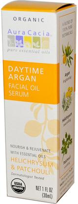 Aura Cacia, Daytime Argan Essentials Facial Oil Serum, Helichrysum & Patchouli, 1 fl oz (30 ml) ,حمام، الجمال، أرجان، مصل الجلد