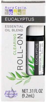 Aura Cacia, Essential Oil Blend, Clearing Roll-On, Eucalyptus.31 fl oz (9.2 ml) ,الصحة، الجلد، زيت التدليك