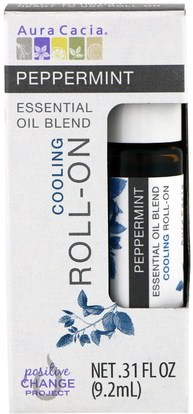 Aura Cacia, Essential Oil Blend, Cooling Roll-On, Peppermint.31 fl oz (9.2 ml) ,الصحة، الجلد، زيت التدليك