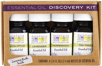 Aura Cacia, Essential Oil Discovery Kit, 4 Bottles.25 fl oz (7.4 ml) Each ,الصحة، الجلد، زيت التدليك