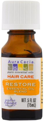 Aura Cacia, Hair Care, Essential Oil Blend, Restore.5 fl oz (15 ml) ,حمام، الجمال، الشعر، فروة الرأس، الروائح الزيوت الأساسية