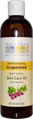 Aura Cacia, Natural Skin Care Oil, Harmonizing Grapeseed, 16 fl oz (473 ml) ,الصحة، الجلد، زيت بذور العنب، زيت التدليك