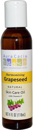 Aura Cacia, Natural Skin Care Oil, Harmonizing Grapeseed, 4 fl oz (118 ml) ,الصحة، الجلد، زيت بذور العنب، زيت التدليك