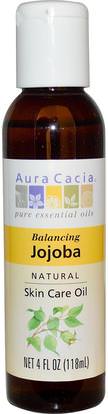 Aura Cacia, Natural Skin Care Oil, Balancing Jojoba, 4 fl oz (118 ml) ,الصحة، الجلد، زيت الجوجوبا، زيت التدليك