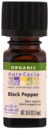 Aura Cacia, Organic, 100% Pure Essential Oil, Black Pepper.25 fl oz (.74 ml) ,الصحة، الجلد، زيت التدليك