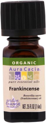 Aura Cacia, Organic, 100% Pure Essential Oil, Frankincense.25 fl oz (7.4 ml) ,الصحة، الجلد، زيت التدليك