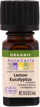 Aura Cacia, Organic, 100% Pure Essential Oil, Lemon Eucalyptus.25 fl oz (7.4 ml) ,الصحة، الجلد، زيت التدليك