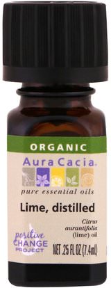 Aura Cacia, Organic, 100% Pure Essential Oil, Lime, Distilled.25 fl oz (7.4 ml) ,الصحة، الجلد، زيت التدليك