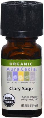 Aura Cacia, Organic, Clary Sage.25 fl oz (7.4 ml) ,حمام، الجمال، الزيوت العطرية الزيوت، كلاري زيت حكيم