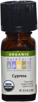Aura Cacia, Organic, Cypress, 0.25 fl oz (7.4 ml) ,حمام، الجمال، الروائح الزيوت الأساسية، زيت السرو
