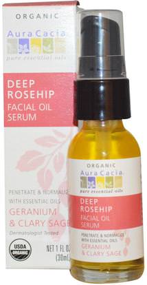 Aura Cacia, Organic Deep Rosehip Essentials Facial Oil Serum, Geranium & Clary Sage, 1 fl oz (30 ml) ,الصحة، مصل الجلد، الجمال، العناية بالوجه، بشرة