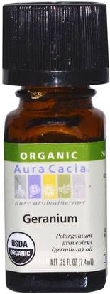 Aura Cacia, Organic, Geranium.25 fl oz (7.4 ml) ,حمام، الجمال، الزيوت العطرية الزيوت، زيت إبرة الراعي