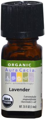 Aura Cacia, Organic, Lavender.25 fl oz (7.4 ml) ,حمام، الجمال، الزيوت العطرية الزيوت، زيت الخزامى