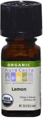 Aura Cacia, Organic, Lemon.25 fl oz (7.4 ml) ,حمام، الجمال، الروائح الزيوت الأساسية، زيت الليمون