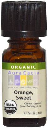 Aura Cacia, Organic, Orange, Sweet.25 fl oz (7.4 ml) ,حمام، الجمال، الزيوت العطرية الزيوت، زيت البرتقال