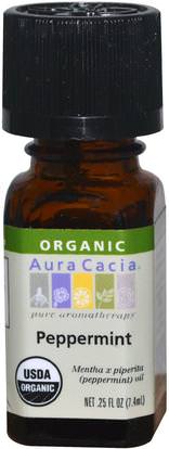 Aura Cacia, Organic, Peppermint, 0.25 fl oz (7.4 ml) ,حمام، الجمال، الروائح الزيوت الأساسية، زيت النعناع