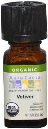 Aura Cacia, Organic, Vetiver.25 fl oz (7.4 ml) ,حمام، الجمال، الزيوت العطرية الزيوت، زيت نجيل الهند