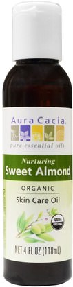 Aura Cacia, Organics, Skin Care Oil, Nuturing Sweet Almond, 4 fl oz (118 ml) ,والصحة، والجلد، وزيت التدليك، وزيوت العناية بالجسم