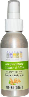 Aura Cacia, Room & Body Mist, Invigorating Ginger & Mint, 4 fl oz (118 ml) ,المنزل، معطرات الجو مزيل الروائح، حمام، العناية بالجسم