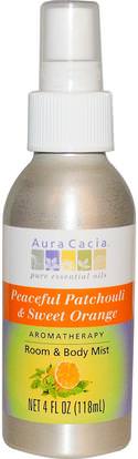 Aura Cacia, Room & Body Mist, Peaceful Patchouli & Sweet Orange, 4 fl oz (118 ml) ,المنزل، معطرات الهواء مزيل الروائح، حمام، بخاخ العطور