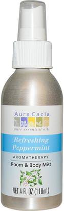 Aura Cacia, Room & Body Mist, Refreshing Peppermint, 4 fl oz (118 ml) ,المنزل، معطرات الجو مزيل الروائح، حمام، العناية بالجسم