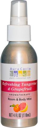 Aura Cacia, Room & Body Mist, Refreshing Tangerine & Grapefruit, 4 fl oz (118 ml) ,حمام، الجمال، معطرات الجو مزيل الروائح