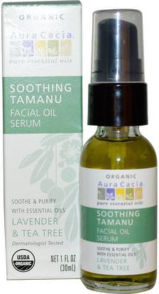 Aura Cacia, Soothing Tamanu Essentials Facial Oil Serum, Lavender & Tea Tree, 1 fl oz (30 ml) ,الصحة، مصل الجلد