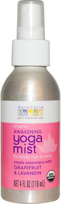 Aura Cacia, Yoga Mist, Organic Awakening, Grapefruit & Lavandin, 4 fl oz (118 ml) ,المنزل، معطرات الهواء مزيل الروائح، حمام، بخاخ العطور
