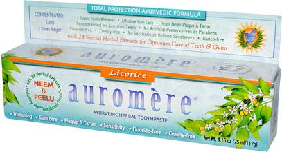 Auromere, Ayurvedic Herbal Toothpaste, Licorice, 4.16 oz (75 ml/117 g) ,حمام، الجمال، معجون الأسنان، العناية بالأسنان عن طريق الفم، تبييض الأسنان