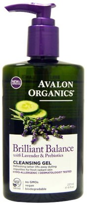 Avalon Organics, Brilliant Balance, With Lavender & Prebiotics, Cleansing Gel, 8 fl oz (237 ml) ,الجمال، العناية بالوجه، منظفات الوجه
