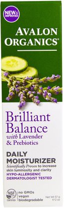 Avalon Organics, Brilliant Balance, With Lavender & Prebiotics, Daily Moisturizer, 2 oz (57 g) ,الجمال، العناية بالوجه، الكريمات المستحضرات، الأمصال، حمض الهيالورونيك الجلد
