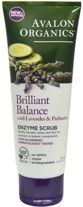 Avalon Organics, Brilliant Balance, With Lavender & Prebiotics, Enzyme Scrub, 4 oz (113 g) ,الجمال، العناية بالوجه، الكريمات المستحضرات، الأمصال، منظفات الوجه