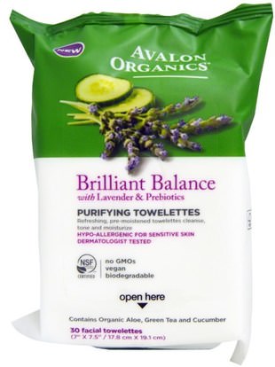 Avalon Organics, Brillilant Balance, With Lavender & Prebiotics, Purifying Towelettes, 30 Facial Towelettes ,الجمال، العناية بالوجه، مناديل الوجه