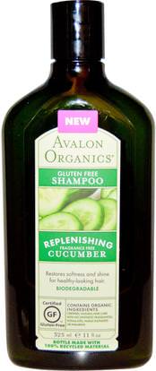 Avalon Organics, Gluten Free Shampoo, Replenishing Cucumber, Fragrance Free, 11 fl oz (325 ml) ,حمام، الجمال، الشامبو، الشعر، فروة الرأس، مكيف