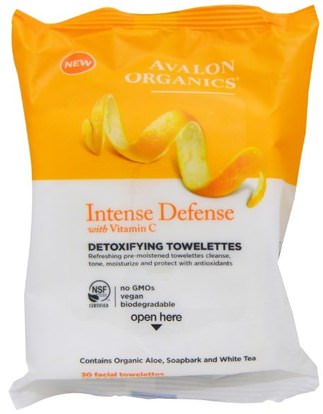 Avalon Organics, Intense Defense, With Vitamin C, Detoxifying Towelettes, 30 Facial Towelettes ,الجمال، العناية بالوجه، مناديل الوجه