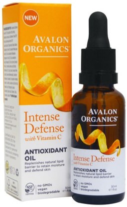 Avalon Organics, Intense Defense, With Vitamin C, Antioxidant Oil, 1 fl oz (30 ml) ,والصحة، وأمصال الجلد، وفيتامين ج