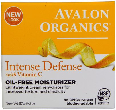 Avalon Organics, Intense Defense, With Vitamin C, Oil-Free Moisturizer, 2 oz (57 g) ,الجمال، العناية بالوجه، الكريمات المستحضرات، الأمصال