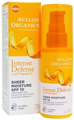 Avalon Organics, Intense Defense, With Vitamin C, Sheer Moisture, SPF 10, 1.7 oz (50 g) ,الجمال، العناية بالوجه، الكريمات المستحضرات، الأمصال، سف العناية بالوجه
