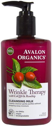 Avalon Organics, Wrinkle Therapy, With CoQ10 & Rosehip, Cleansing Milk, 8.5 fl oz (251 ml) ,الجمال، العناية بالوجه، الكريمات المستحضرات، الأمصال، coq10 الجلد