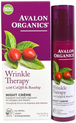 Avalon Organics, Wrinkle Therapy, With CoQ10 & Rosehip, Night Creme, 1.75 oz (50 g) ,الجمال، العناية بالوجه، الكريمات المستحضرات، الأمصال، coq10 الجلد